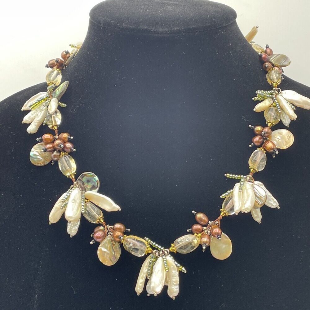 18" Beaded Artisan Necklace Brown & Baroque Pearls Abalone Quartz Stone Glass